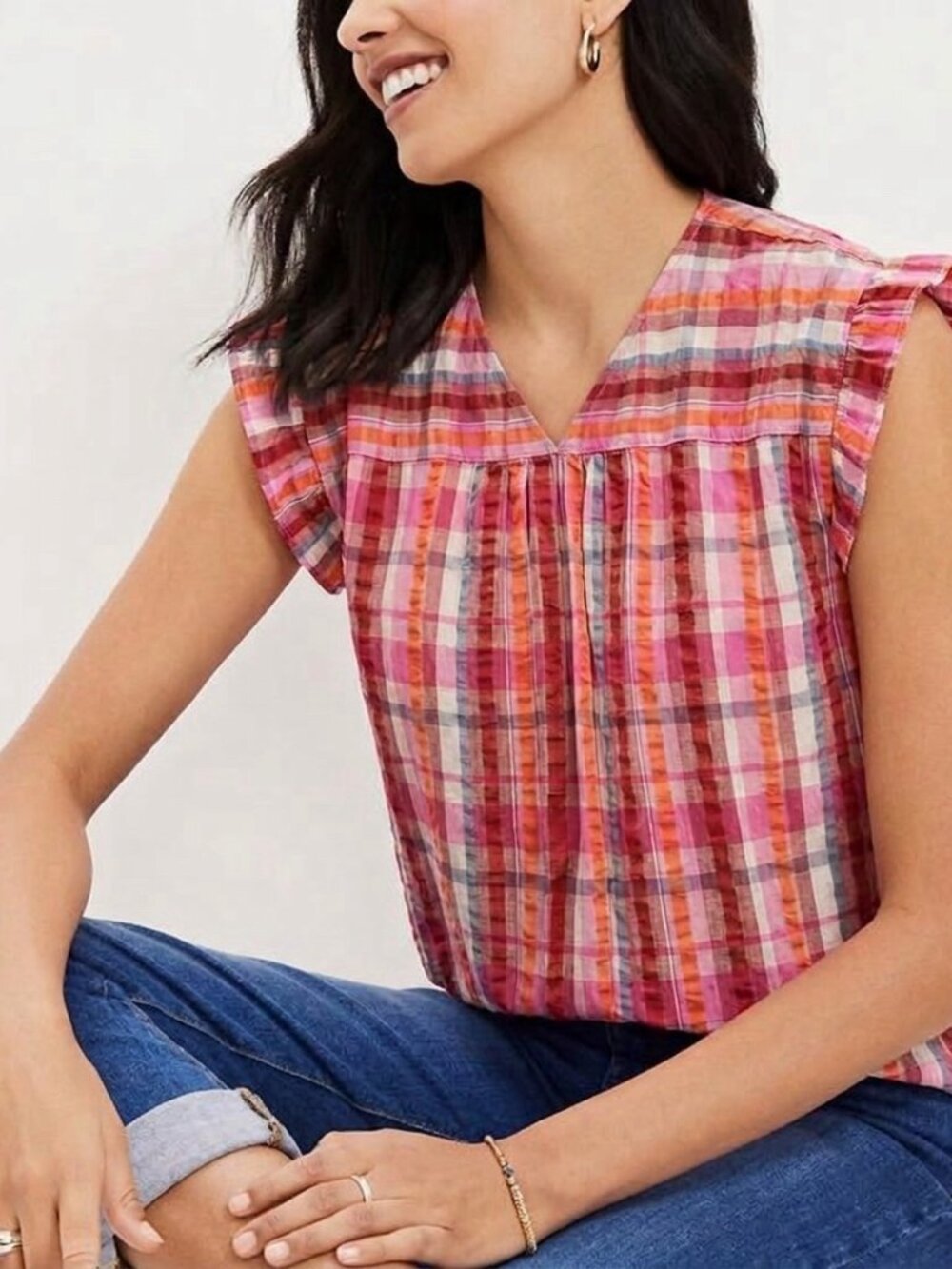 NEW LOFT Outlet Orange Pink Plaid V-Neck Flutter Ruffle Sleeve Blouse Top LARGE